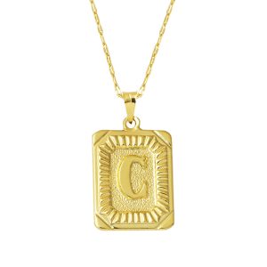Gold Square with Plate C Letter Necklace 14 Karat