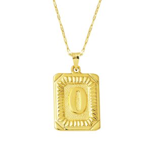 Gold Square with Plate O Letter Necklace 14 Karat