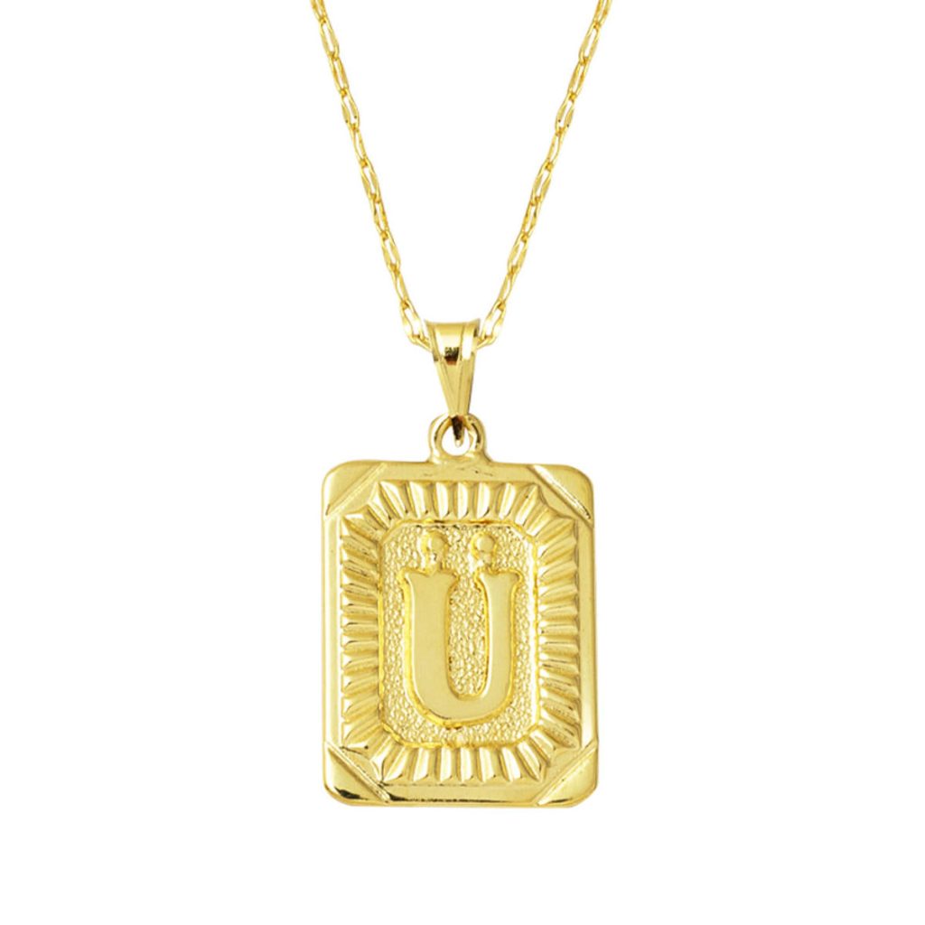 Ü Lettre Collier Carré à Plaque 14 Carats Or