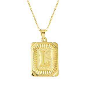 L Letter Necklace Square with Plate 14 Karat Gold