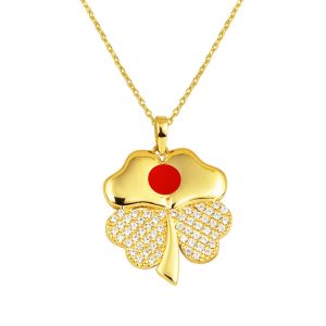 14 Karat Red Enamel Clover Gold Necklace