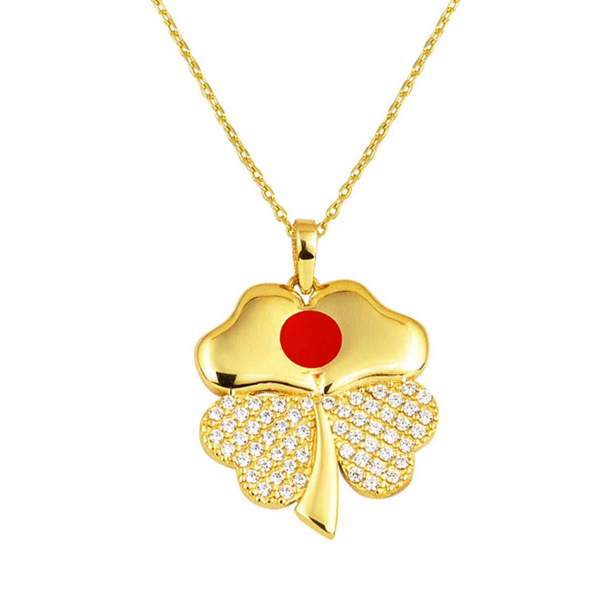 14 Carats Rouge Émaillé Trèfle Or Collier