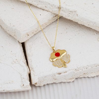 14 Ayar Kırmızı Mineli Yonca Altın Kolye - 14K - 3.08g - EZ Gold