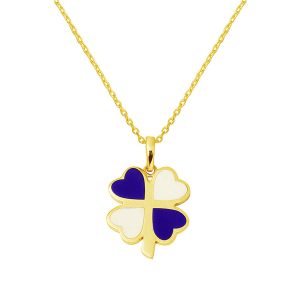 Coloré Émaillé Trèfle 14 Carats Or Collier