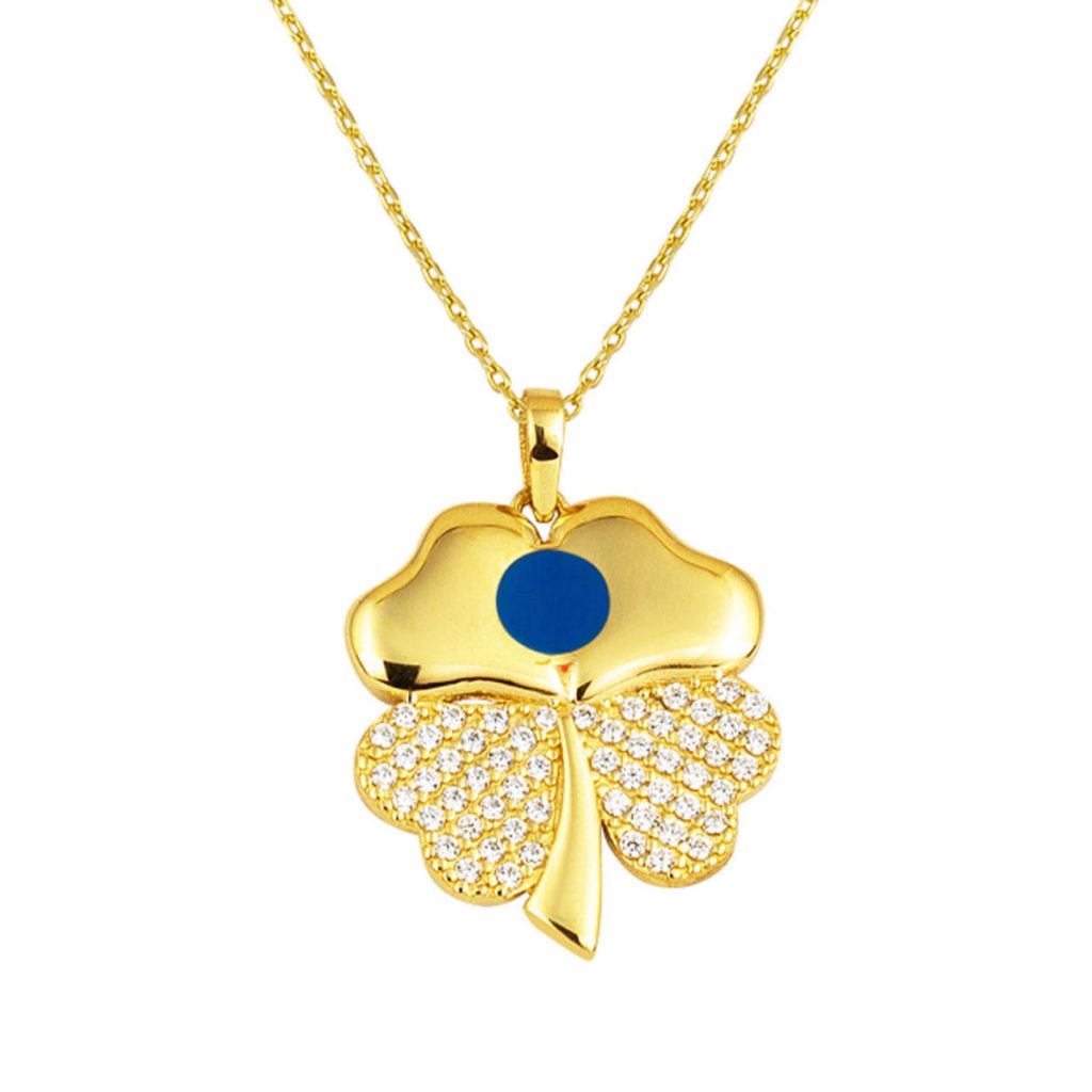 Bleu Émaillé Trèfle Or Collier