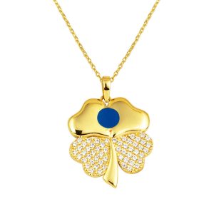 Blue Enamel Clover Gold Necklace