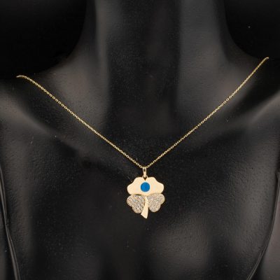 Mavi Mineli Yonca Altın Kolye - 14K - 2.56g - EZ Gold