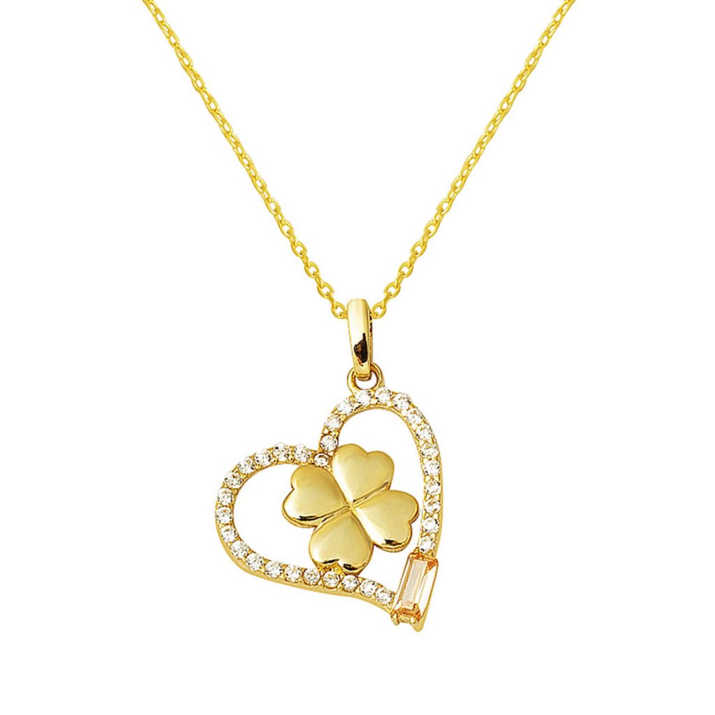 Heart İçinde Clover 14 Karat Gold Necklace