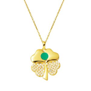 Heart Clover Green Enamel 14 Karat Gold Necklace