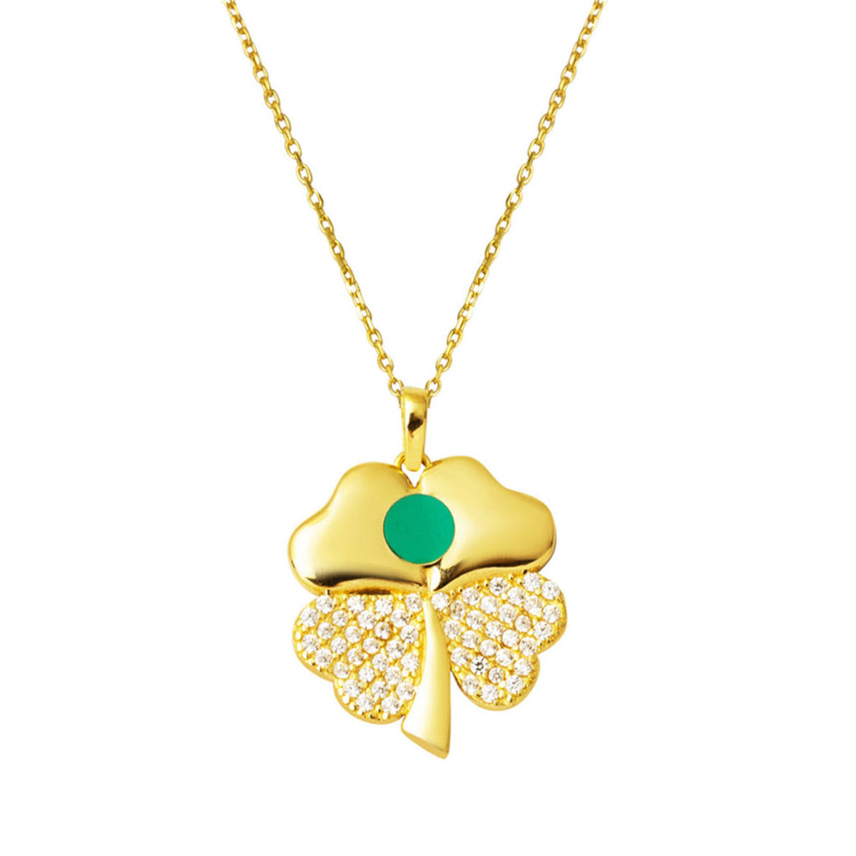 Coeur Trèfle Vert Émaillé 14 Carats Or Collier