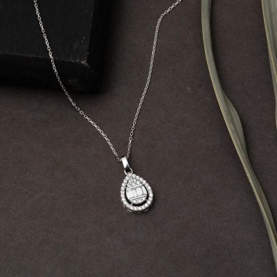 Beyaz Gold Drop Baguette Necklace - 14K - 1.61g - EZ Gold