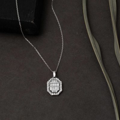14K Köşeli White Gold Baguette Necklace - 14K - 1.82g - EZ Gold