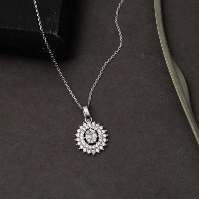 Soleil Design Baguette Blanc Or Collier 14 Carats - 14K - 1.86g - EZ Gold