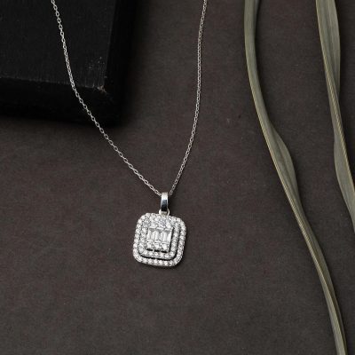 14 Ayar Beyaz Altın Baget Taşlı Kolye - 14K - 2.42g - EZ Gold