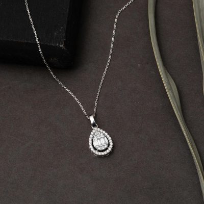 14 Ayar Damla Model Baget Beyaz Altın Kolye - 14K - 1.83g - EZ Gold