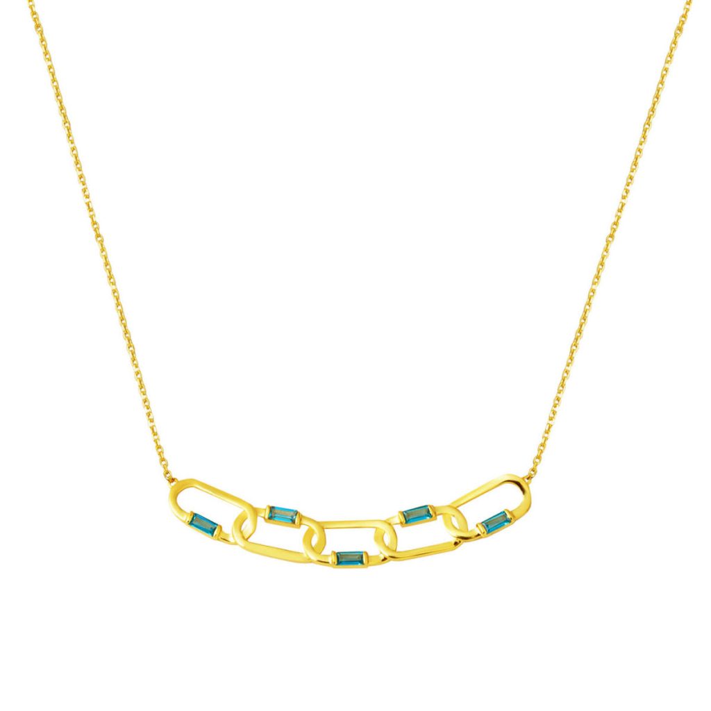 Blue with Stones Paperclip Model Gold Necklace