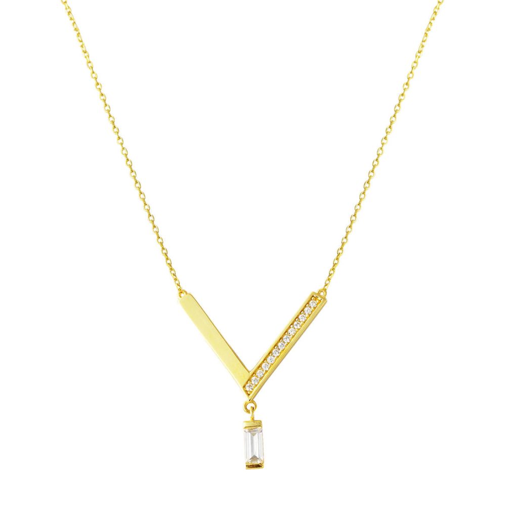Baguette with Stones V Çubuk Gold Necklace