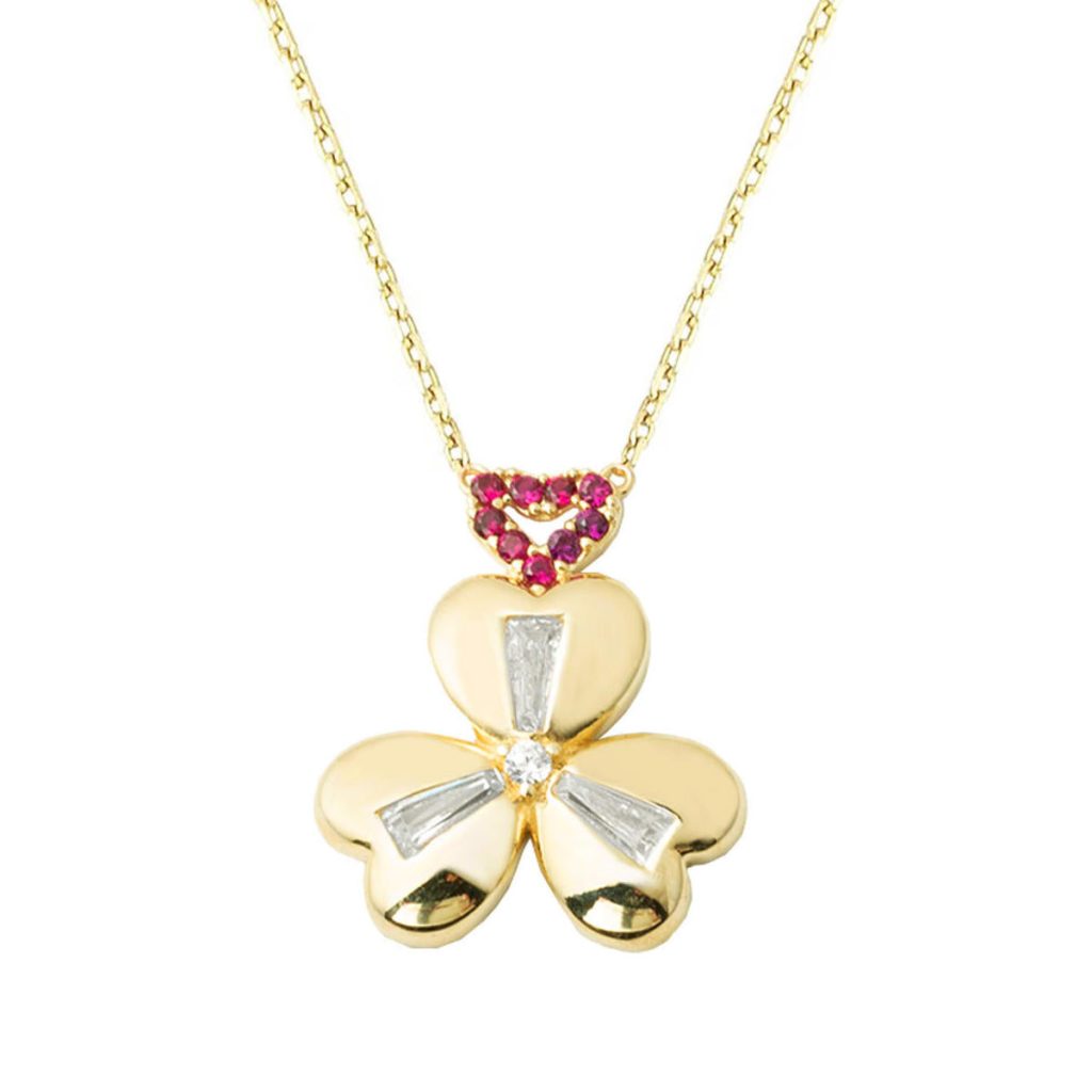 3 with Heart Baguette with Stones Gold Necklace