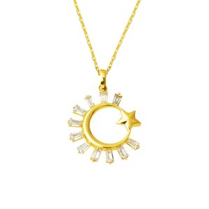 Baguette with Stones Moon-Star Gold Necklace