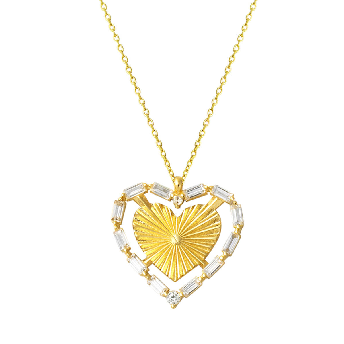 Baguette avec Pierres Coeur 14 Carats Or Collier
