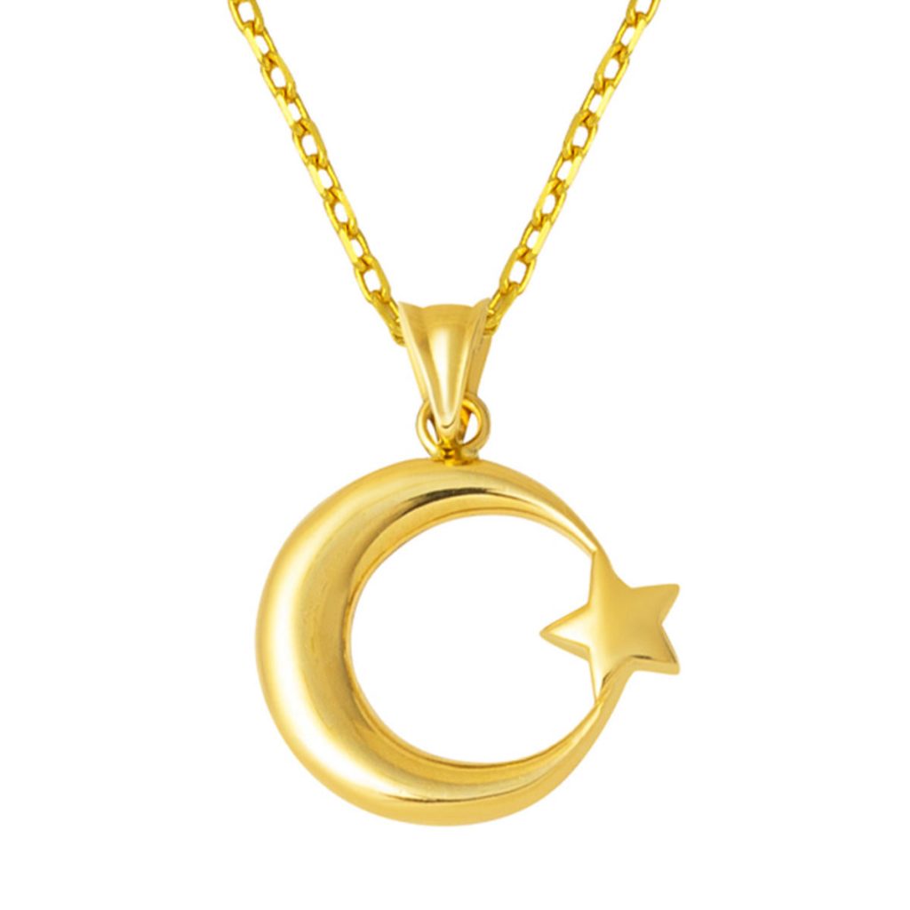 Moon with Stars 14 Karat Plain Gold Necklace