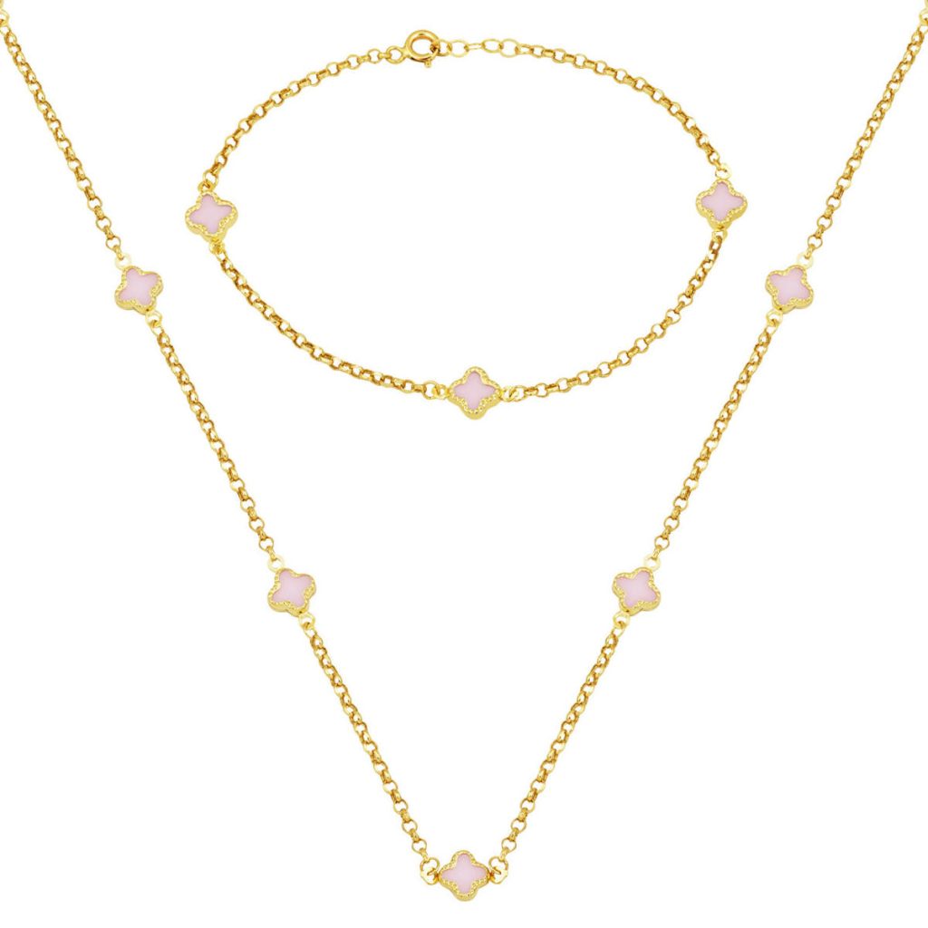 Pink with Clover 14 Karat Necklace Braceletli Gold Set