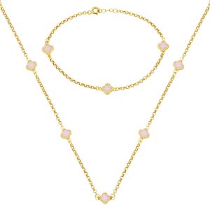 Rose avec Trèfle 14 Carats Collier Bracelet fin Or Set