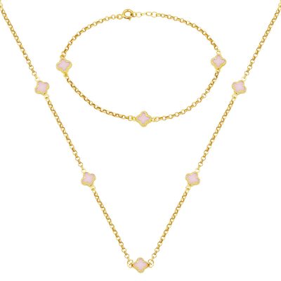 Rose avec Trèfle 14 Carats Collier Bracelet finli Or Set