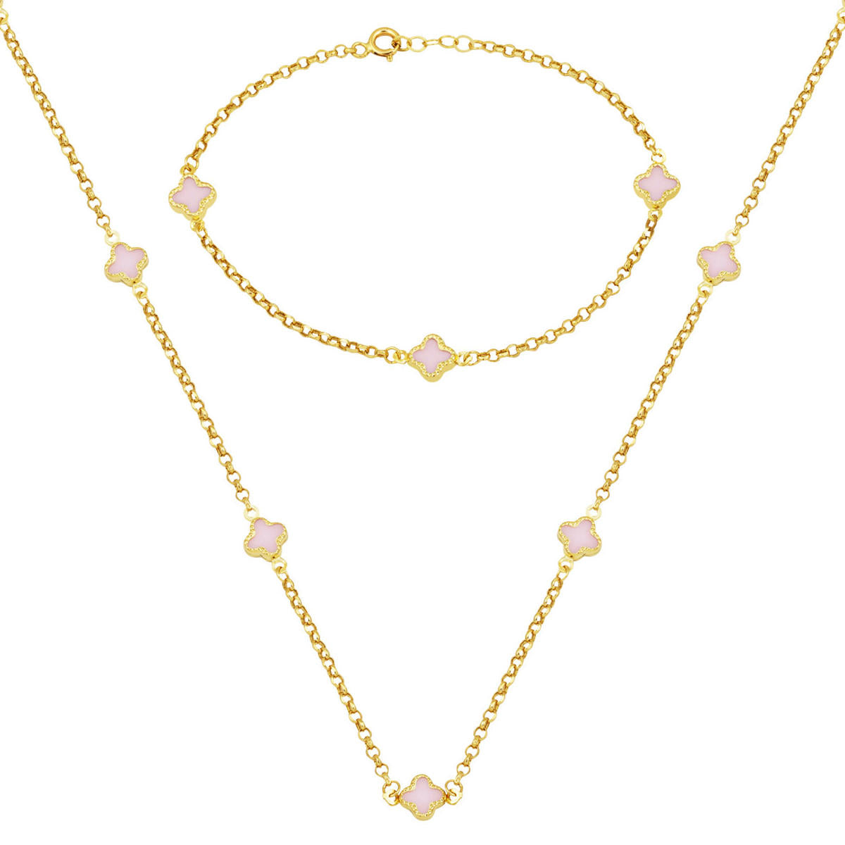 Rose avec Trèfle 14 Carats Collier Bracelet fin Or Set