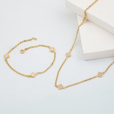 Rose avec Trèfle 14 Carats Collier Bracelet fin Or Set - 14K - 5.94g - EZ Gold