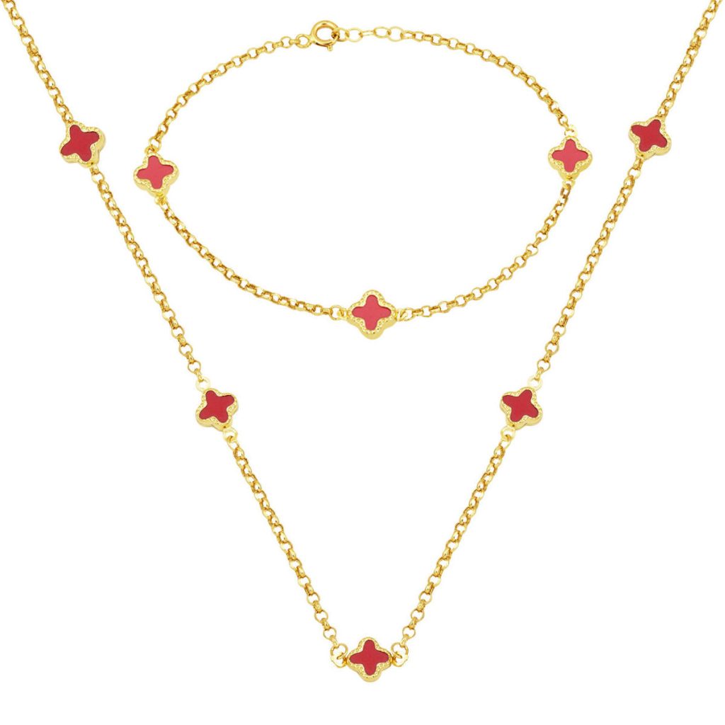 Rouge avec Trèfle 14 Carats Or Collier Bracelet finli Set