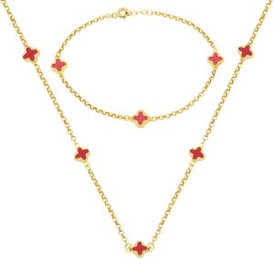 Red with Clover 14 Karat Gold Necklace Braceletli Set
