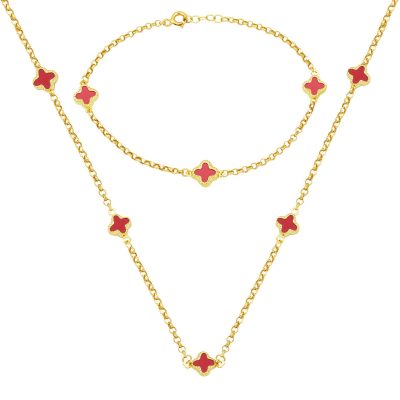 Red with Clover 14K Gold Necklace Braceletli Set