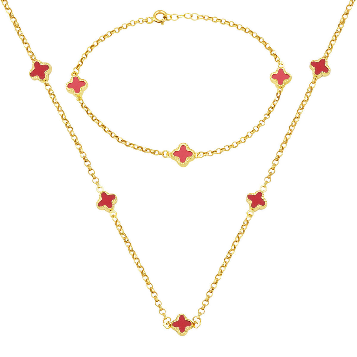 Rouge avec Trèfle 14 Carats Or Collier Bracelet finli Set
