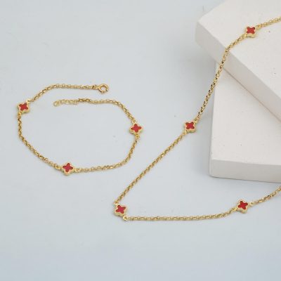 Red with Clover 14K Gold Necklace Braceletli Set - 14K - 6.06g - EZ Gold