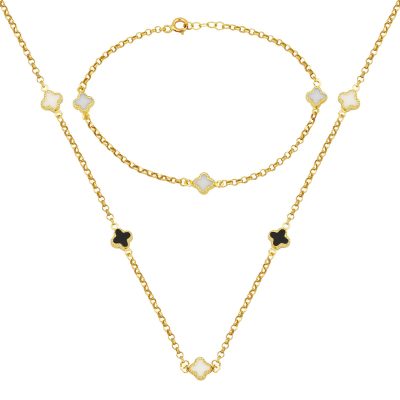 Noir Blanc avec Trèfle 14 Carats Or Set