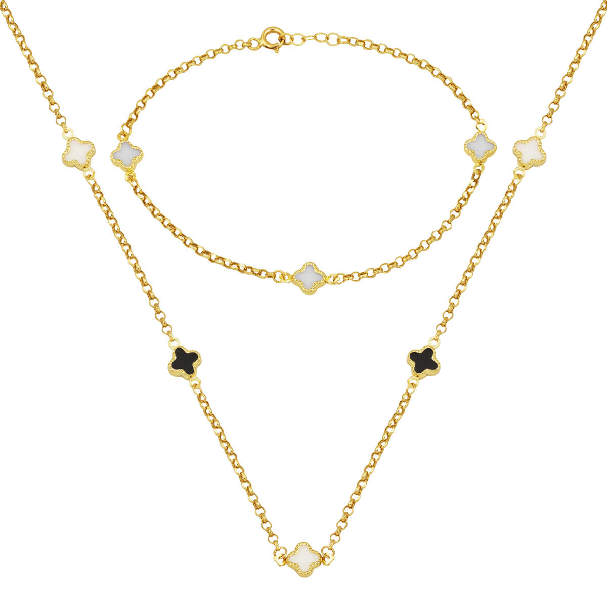 Noir Blanc avec Trèfle 14 Carats Or Set
