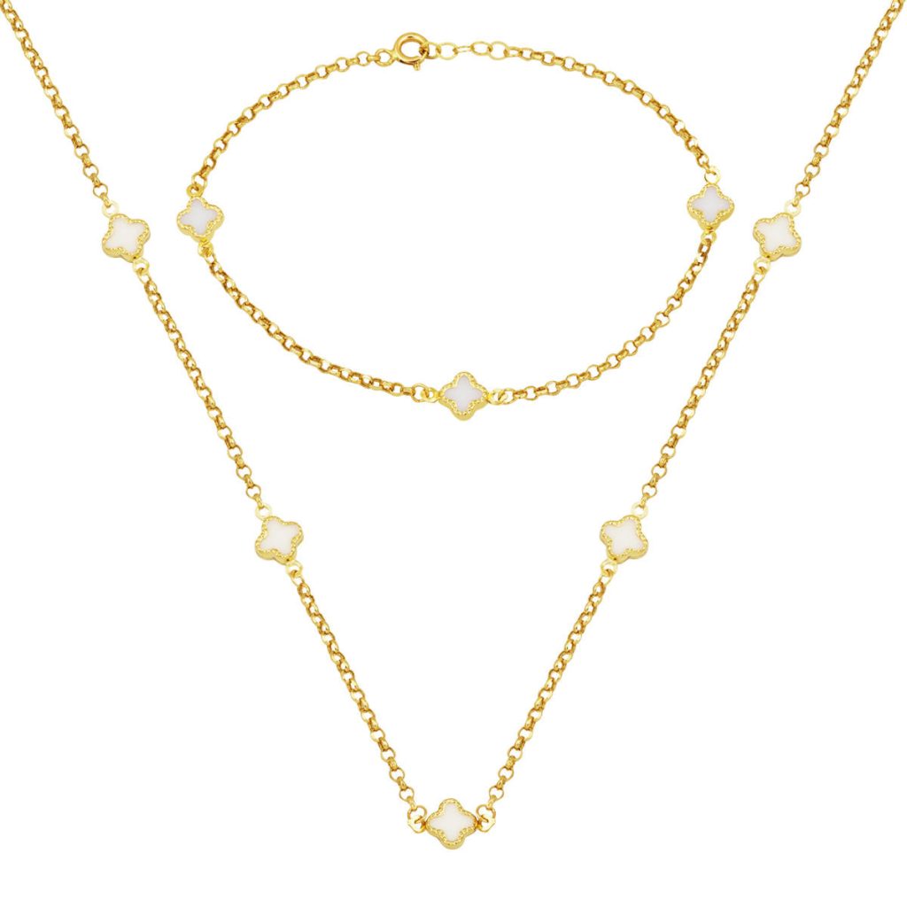 White with Clover Necklace Bracelet 14 Karat Set