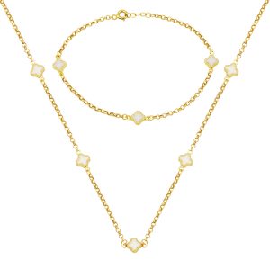 Blanc avec Trèfle Collier Bracelet 14 Carats Set