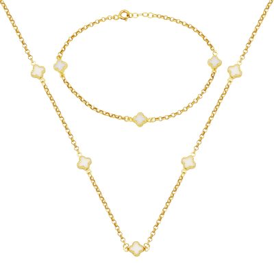 Beyaz avec Trèfle Collier Bracelet fin 14 Carats Set