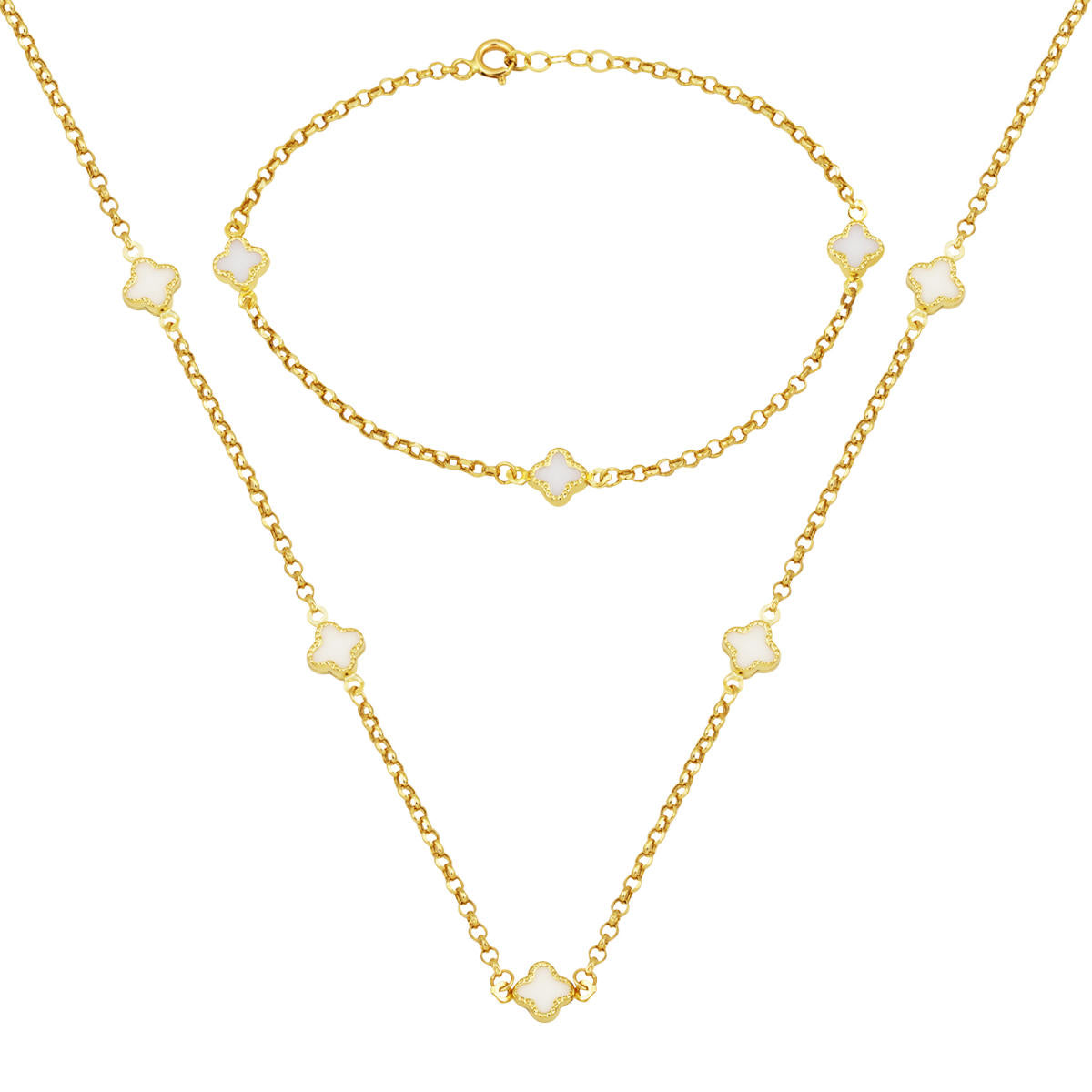 White with Clover Necklace Bracelet 14 Karat Set