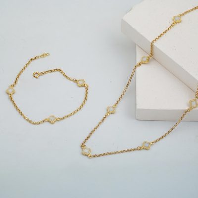 Beyaz avec Trèfle Collier Bracelet fin 14 Carats Set - 14K - 6.61g - EZ Gold