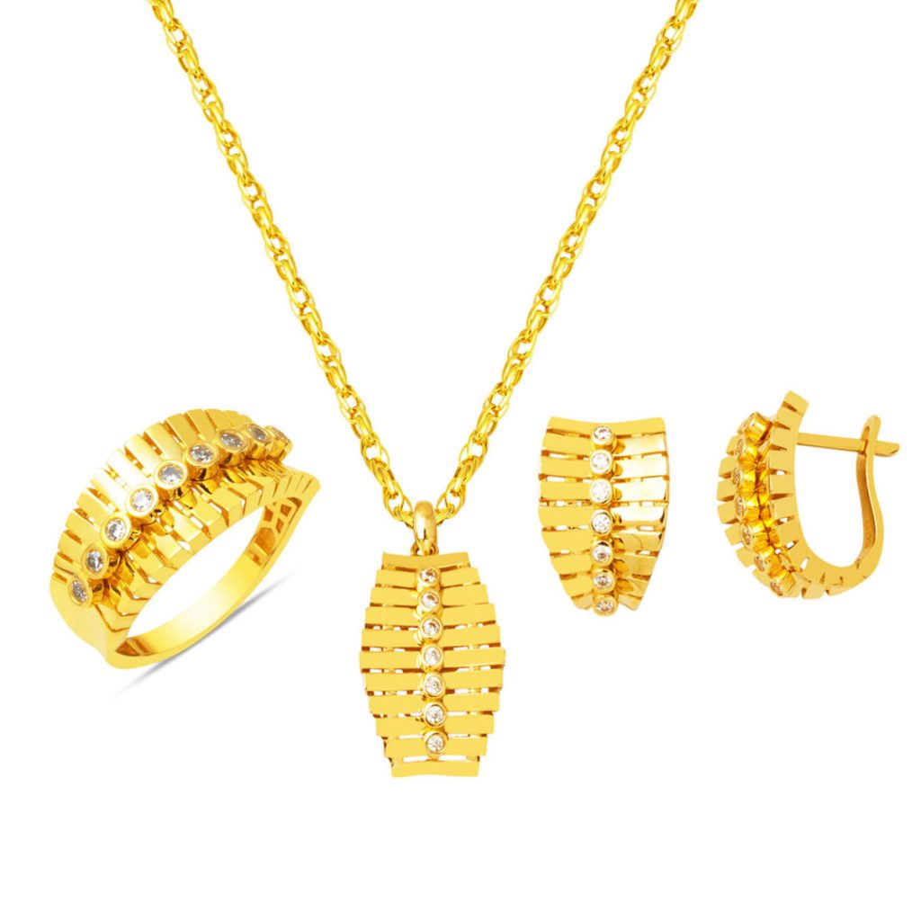 Row with Stones Three-piece Gold Spor Jewelry Set 14 Karat