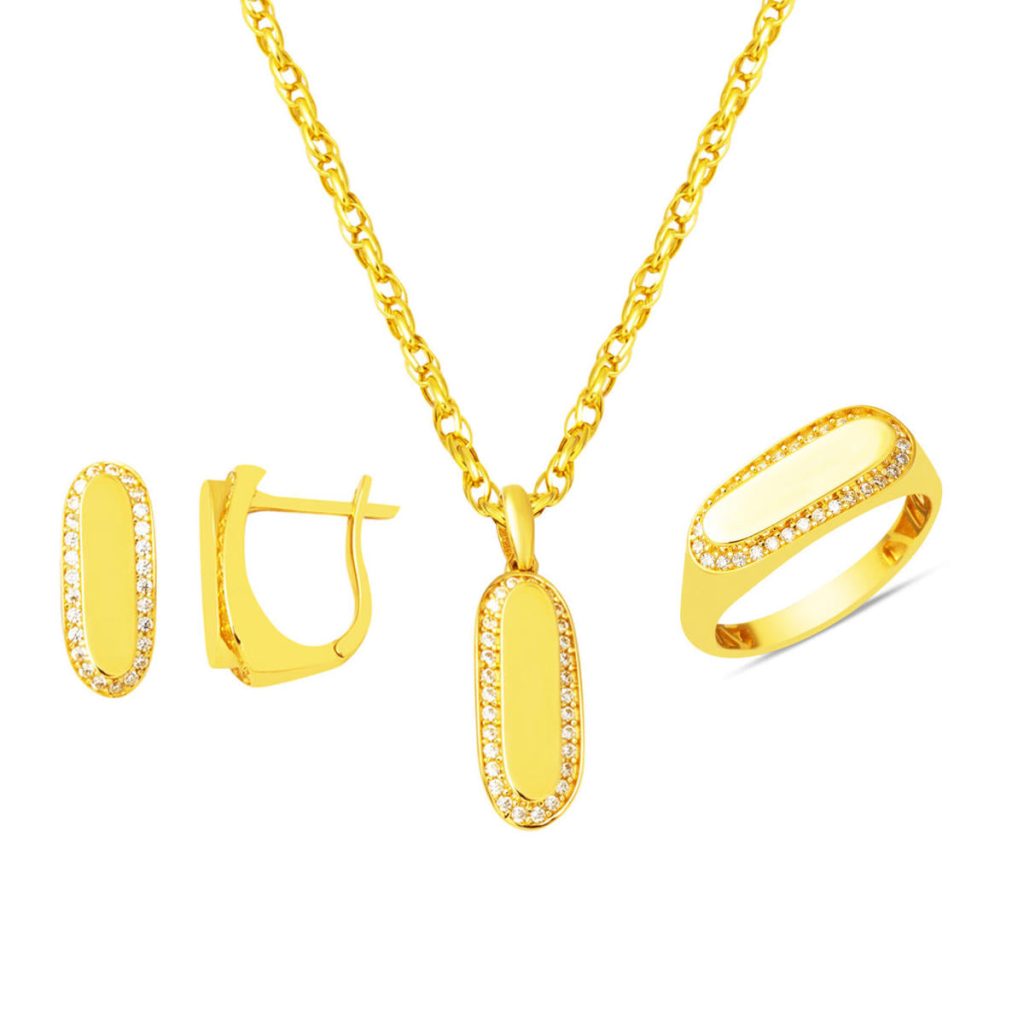 Düz Parlak 14 Karat Mini Three-piece Gold Set