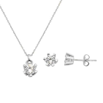 14 Carats Altı Griffelı Solitaire Collier Boucle d'oreilleli Set