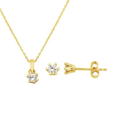 Altı Settinglı Solitaire 14K Necklace Earringli Set