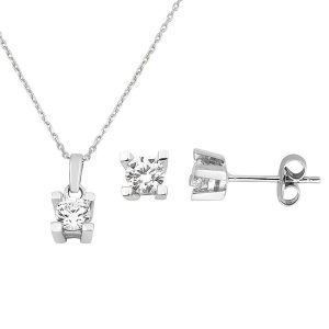 14 Karat White Gold Solitairelı Necklace Earringli Set