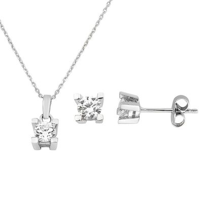 14 Carats Blanc Or Solitairelı Collier Boucle d'oreilleli Set