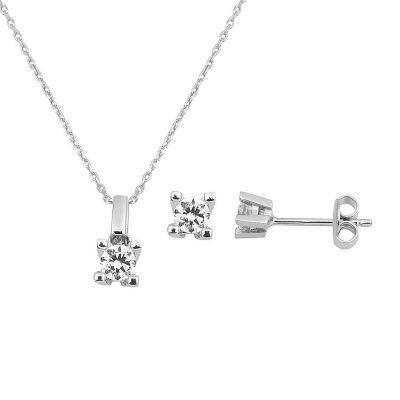 Solitaire Earringli Necklaceli White Gold 14K 2'li Set
