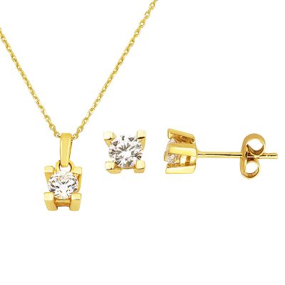Solitairelı Necklace Earringli 14K Spor Gold Set